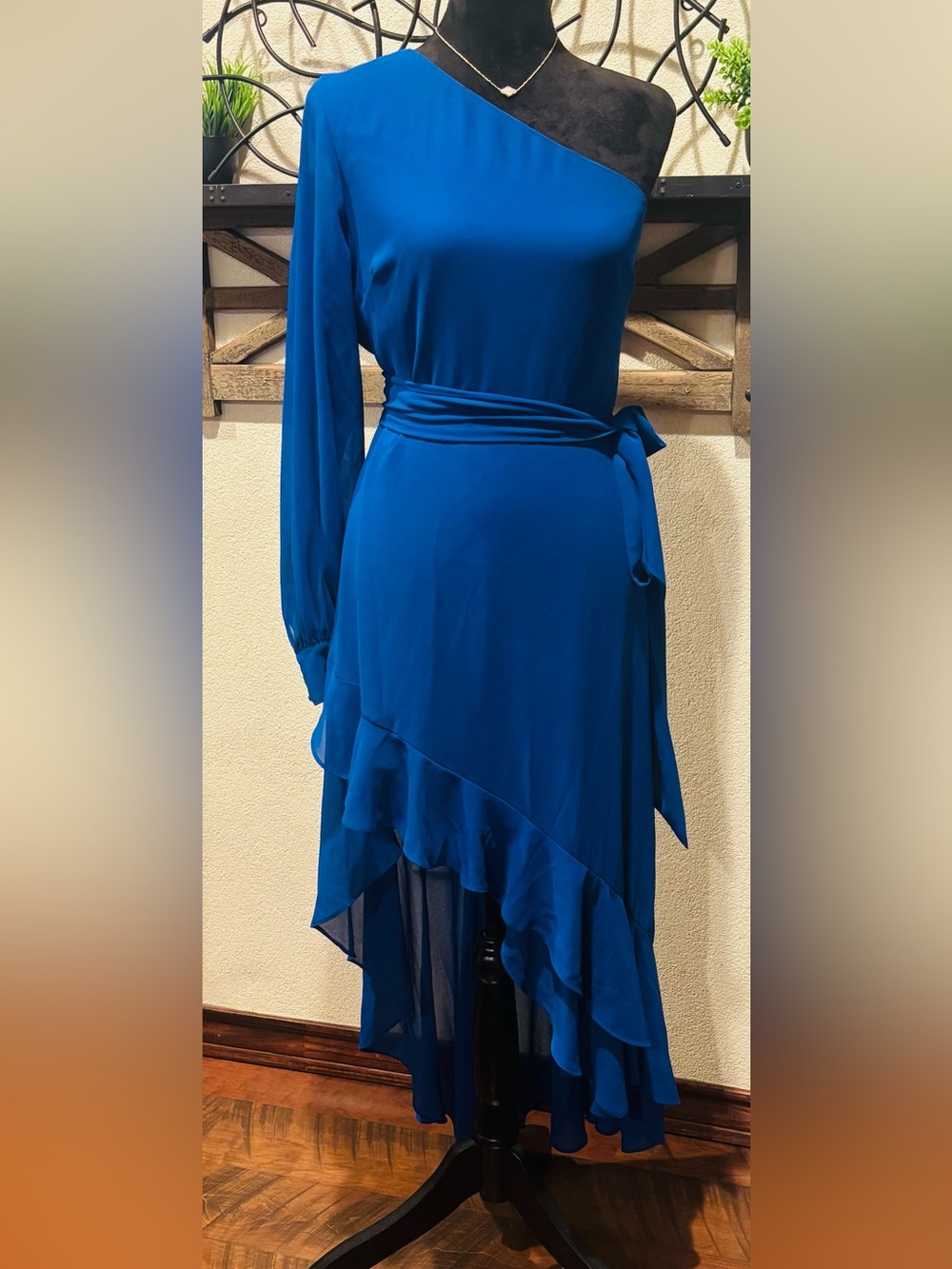 Badgley Mischka Royal Blue Long Sleeve Asymmetric Ruffle Dress